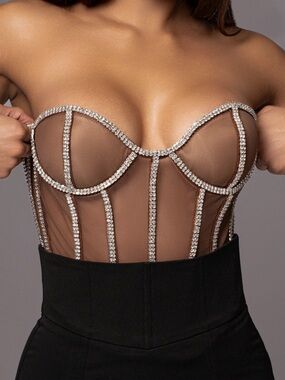 JLUXLABEL Tan/Nude Strappy Mesh Bustier Top NWT size S